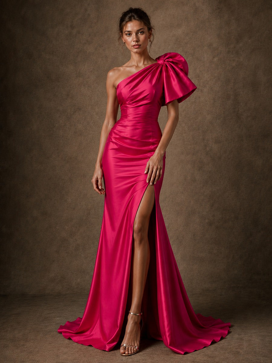 Hot Pink Satin One-Shoulder Bow Prom Dress with High Slit
