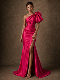 Hot Pink Satin One-Shoulder Bow Prom Dress with High Slit
