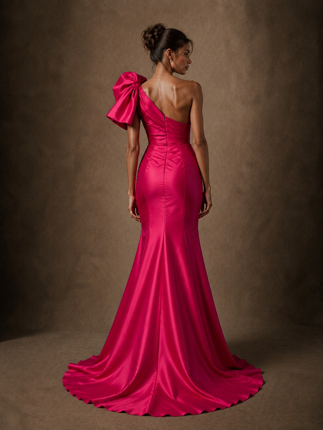 Hot Pink Satin One-Shoulder Bow Prom Dress with High Slit