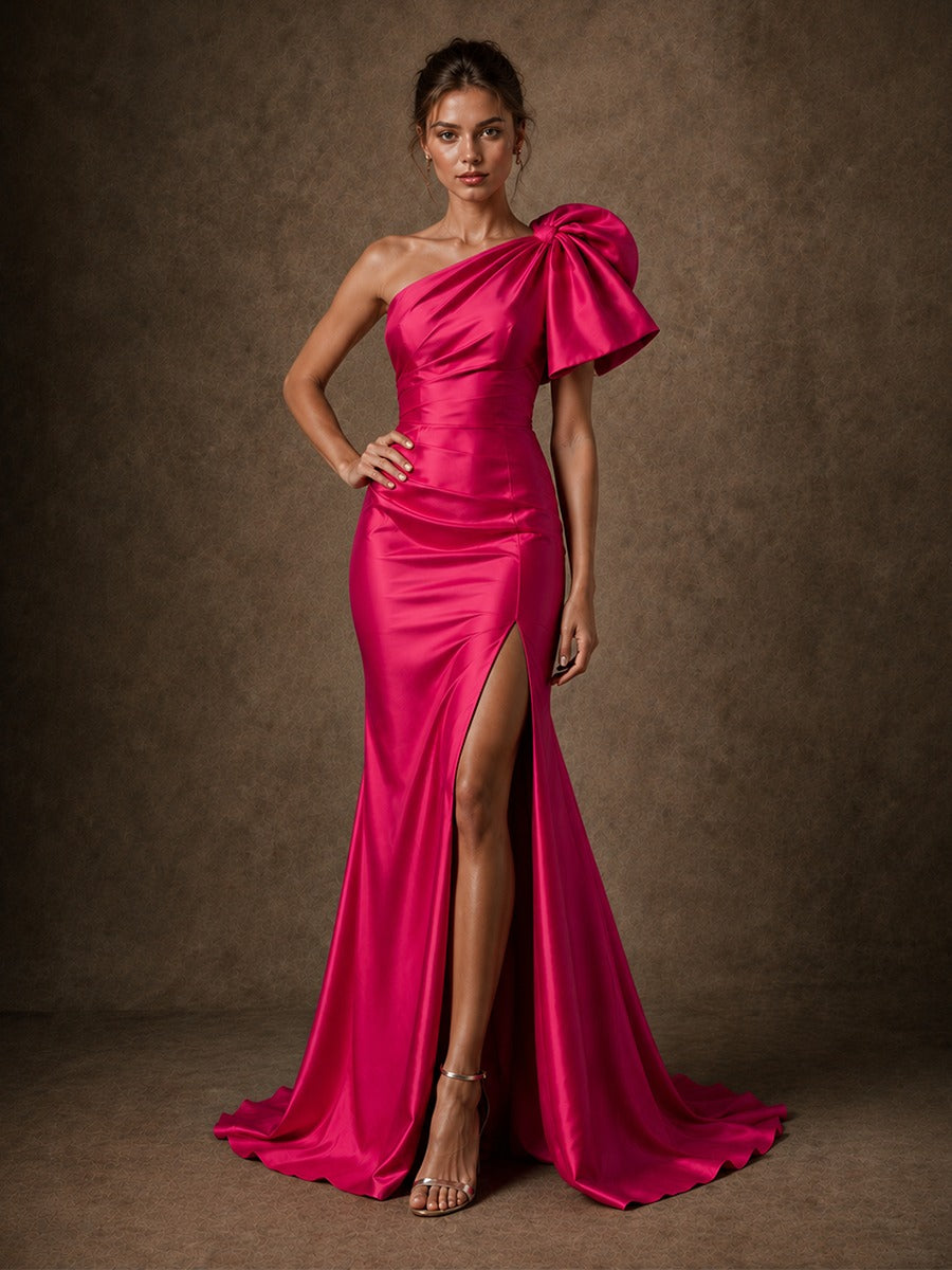 Hot Pink Satin One-Shoulder Bow Prom Dress with High Slit