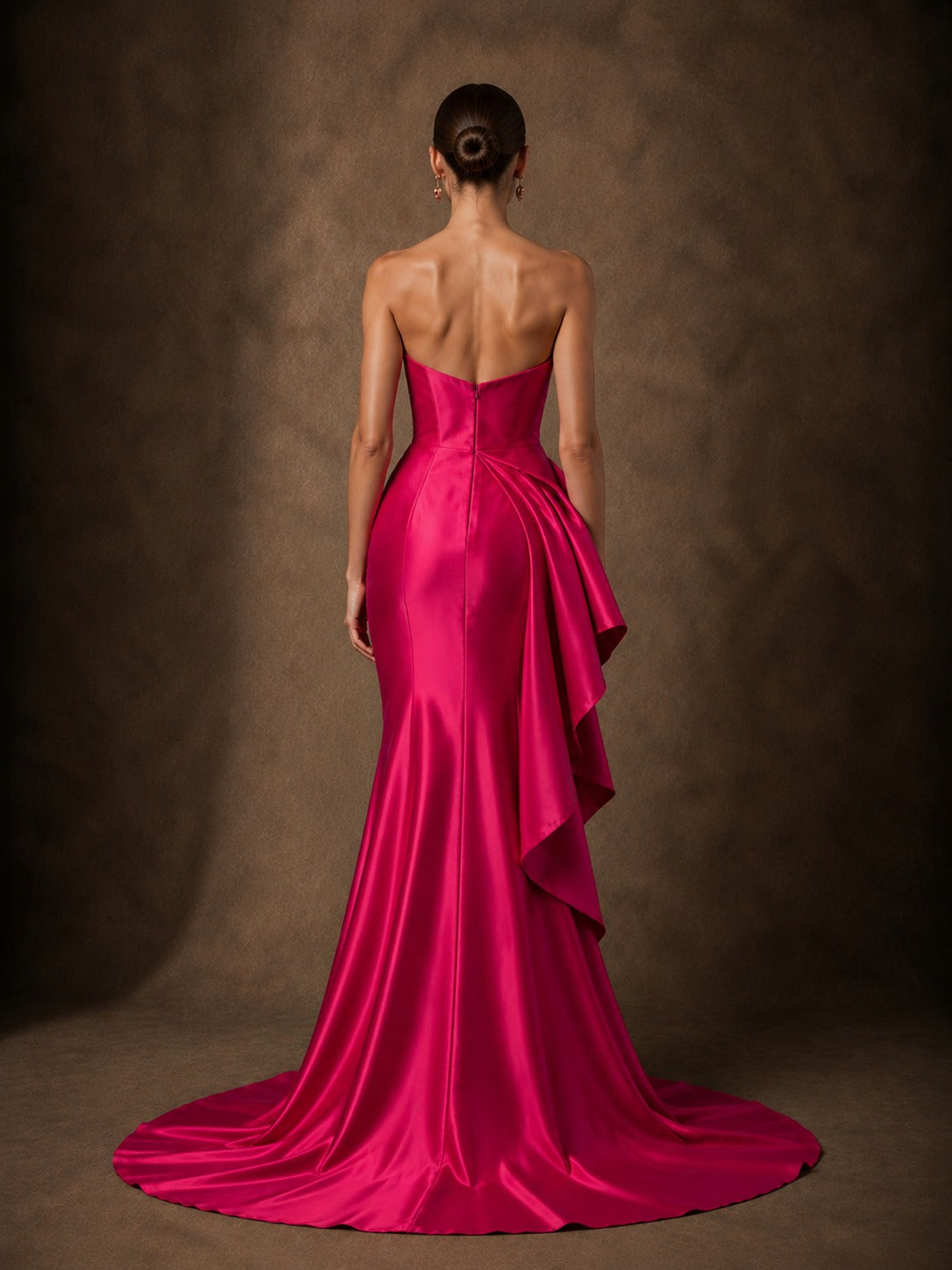 Hot Pink Satin Strapless Draped Prom Dress with High Slit