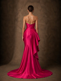 Hot Pink Satin Strapless Draped Prom Dress with High Slit