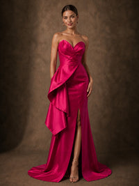 Hot Pink Satin Strapless Draped Prom Dress with High Slit
