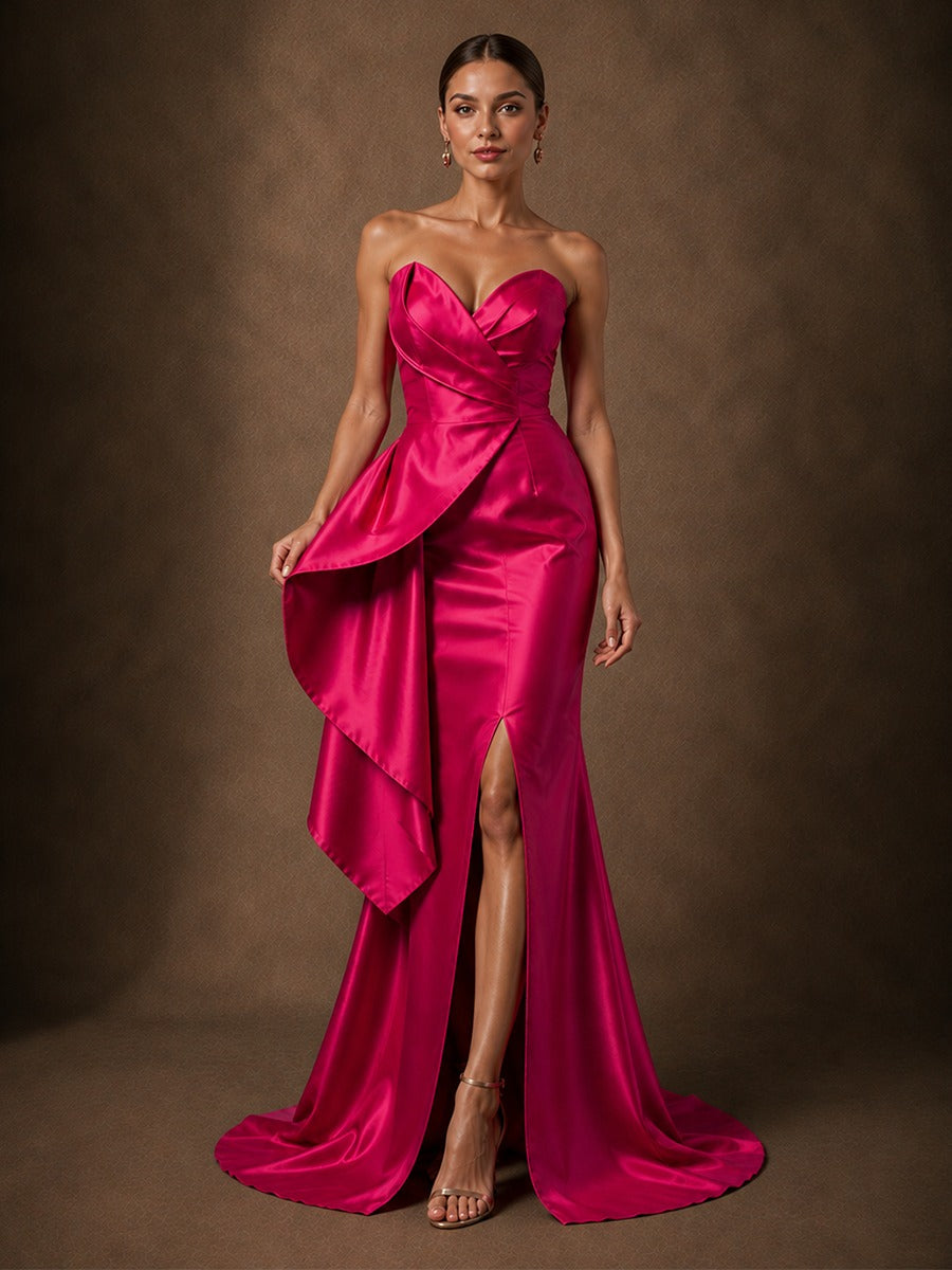 Hot Pink Satin Strapless Draped Prom Dress with High Slit