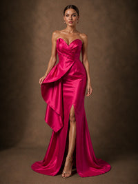 Hot Pink Satin Strapless Draped Prom Dress with High Slit