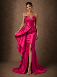 Hot Pink Satin Strapless Draped Prom Dress with High Slit