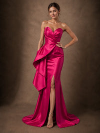 Hot Pink Satin Strapless Draped Prom Dress with High Slit