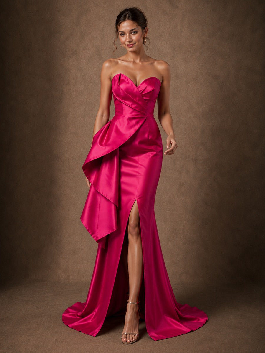 Hot Pink Satin Strapless Draped Prom Dress with High Slit