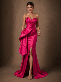 Hot Pink Satin Strapless Draped Prom Dress with High Slit