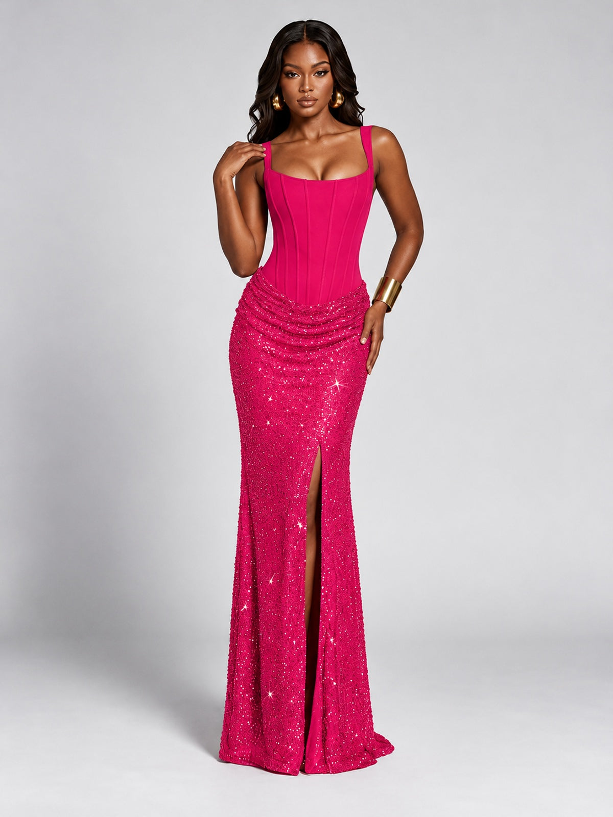 Sequin Corset Mermaid Prom Dress with Square Neck Wide Strap High Slit