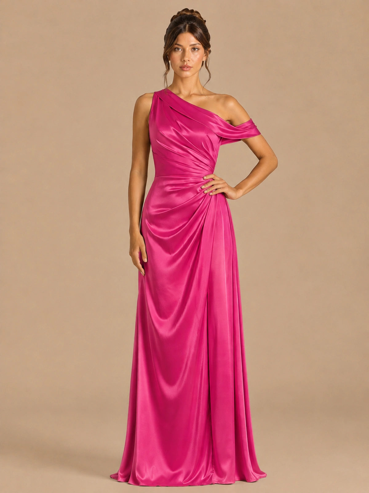 Hot Pink-satin one shoulder prom dress ruched long formal gow Jovelle