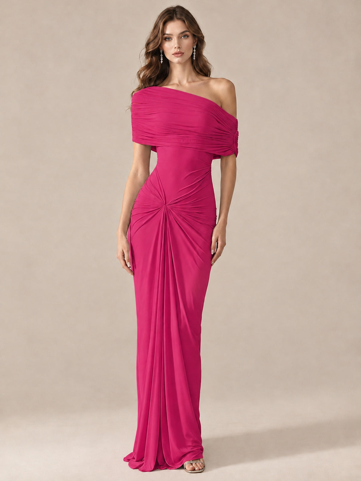 Elegant Draped Off Shoulder Ruched Mermaid Chiffon Formal Evening Gown
