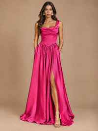 Cowl Neck Pleated Satin Prom Dress with Pockets & Slit Maxi Formal Gowns