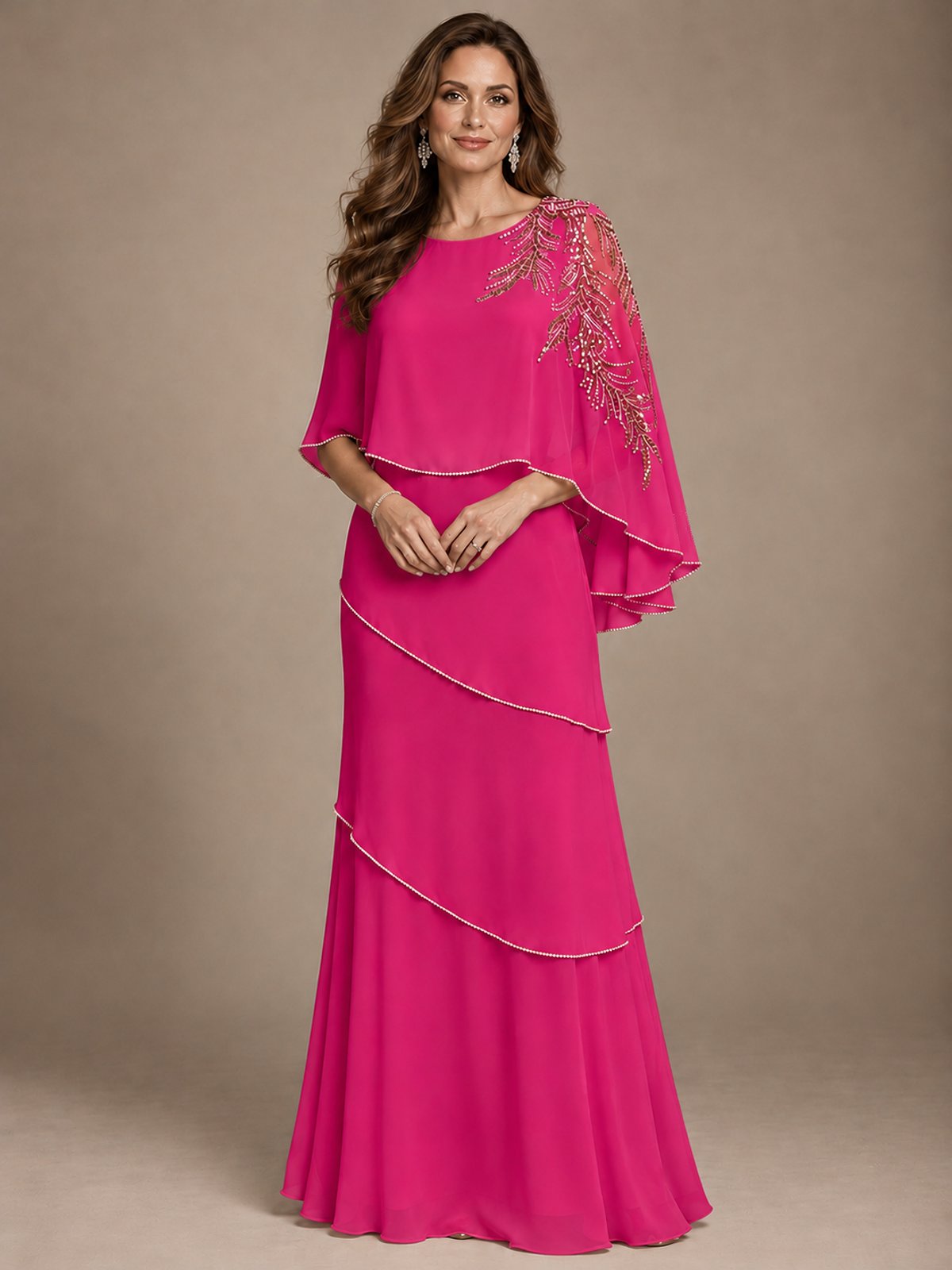 Elegant Chiffon Cape Sleeve Beaded Mother of the Bride Dress