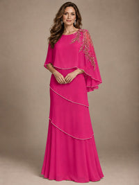 Elegant Chiffon Cape Sleeve Beaded Mother of the Bride Dress