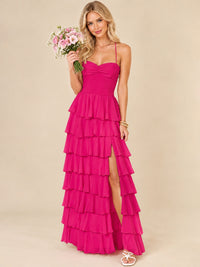 Ruffled Tiered Chiffon Prom Dress Spaghetti Straps Formal Maxi Dress with Slit