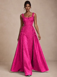 Light Blue 3D Floral Jacquard Prom Dress with Detachable Overskirt Corset Gown