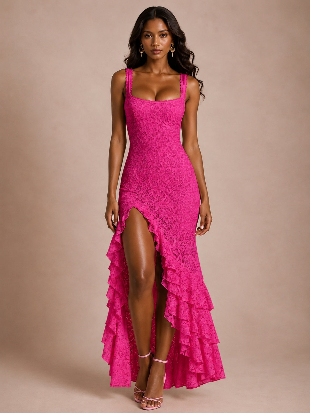 Square-Neck Lace Ruffle High-Low Maxi Dress