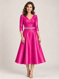 Hot Pink V-Neck Tea-Length Mother of the Bride Dress with Embellished Waist
