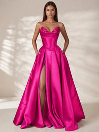 Hot Pink Strapless Corset Satin Prom Dress Long Evening Gown with High Slit