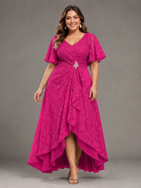 Jacquard Chiffon A-Line V-Neck High-Low Mother of the Bride Dress