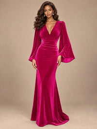 Burgundy Velvet Deep V-Neck Ruched Long Sleeve Maxi Dress