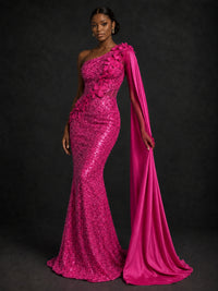 Gold Sequin One Shoulder Mermaid Prom Dress with Cape