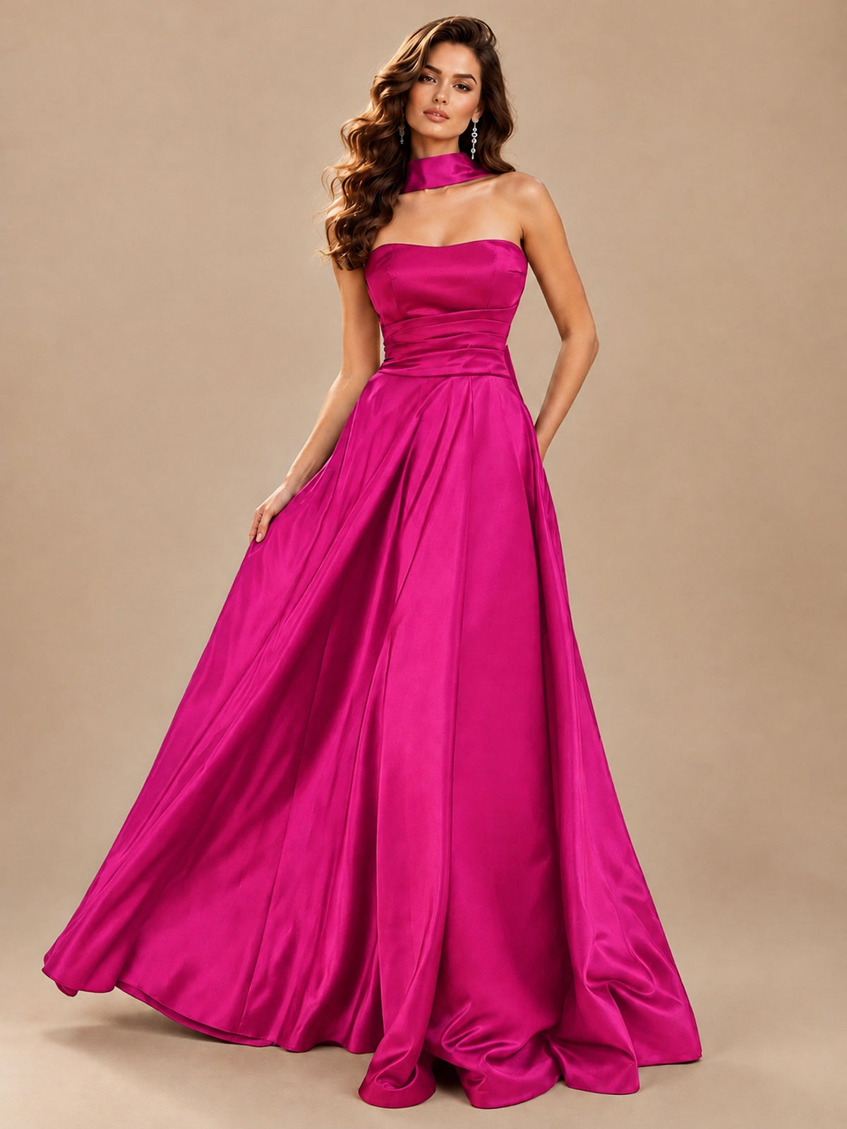 Strapless Prom Dress Side High Slit A-line Formal Dress with Scarf