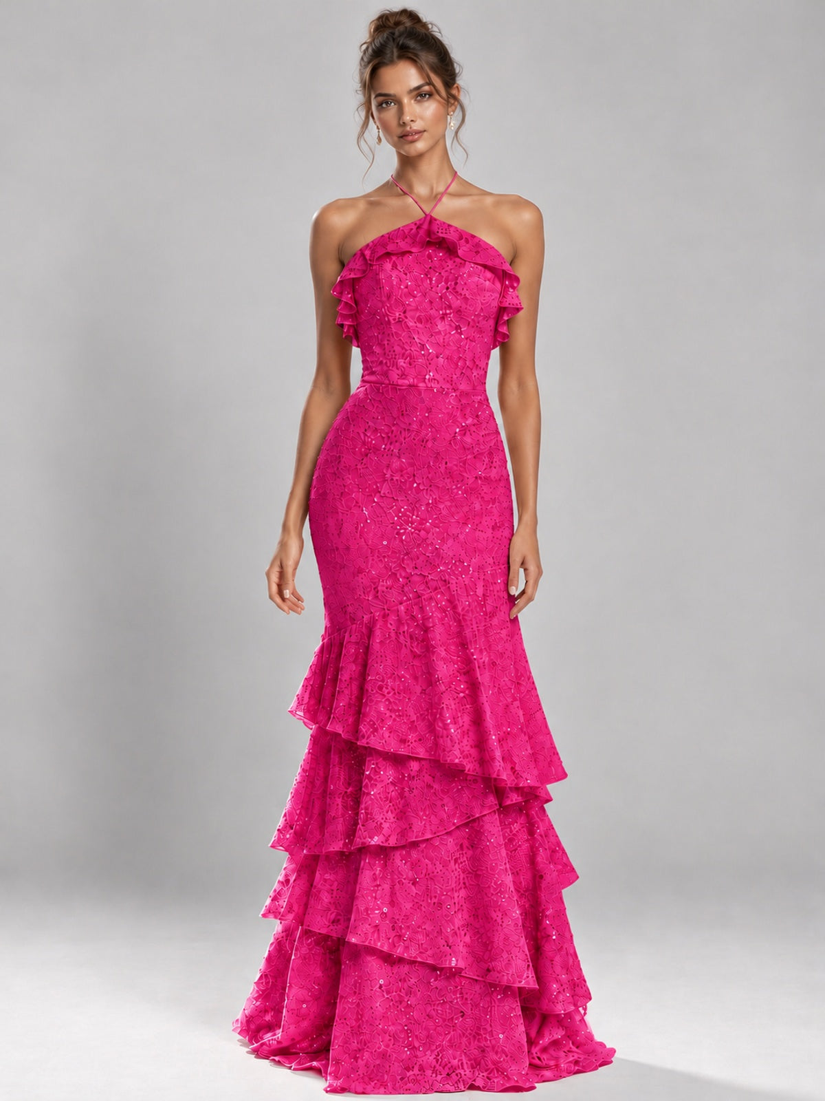 Halter Tiered Mermaid Prom Dress with Sparkly Lace