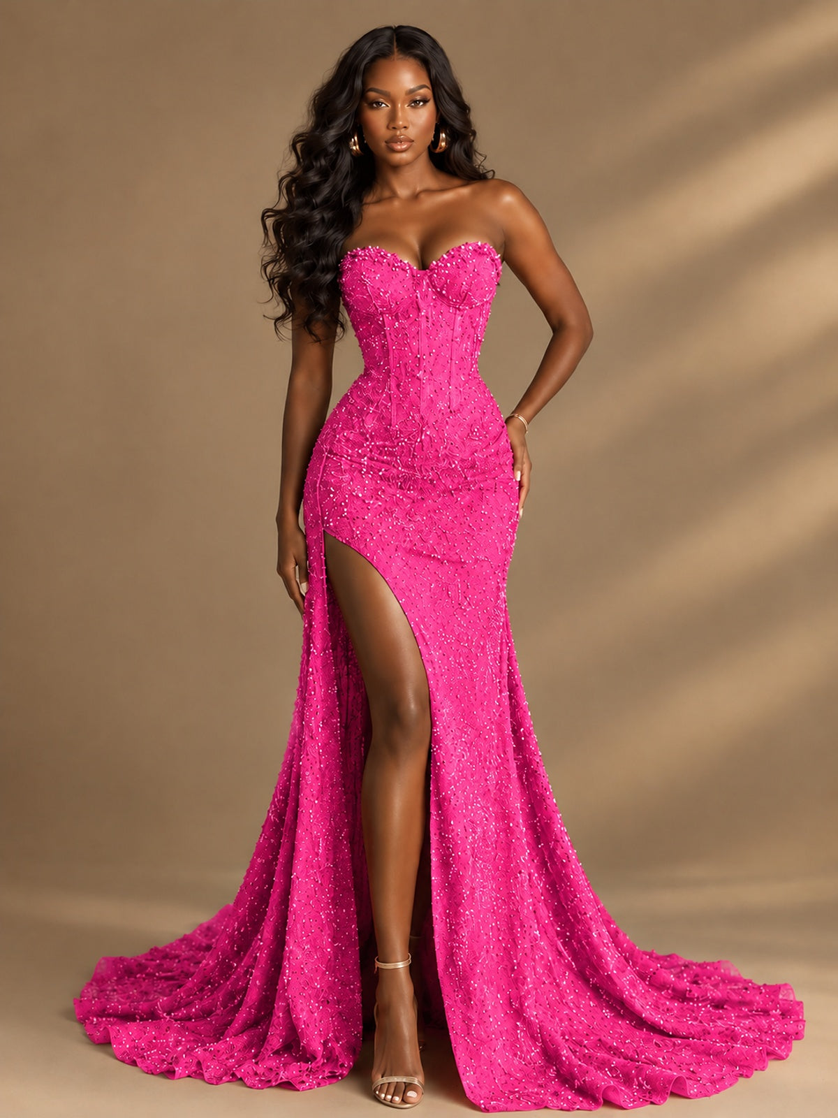 Beaded Sequin Prom Dress Strapless Formal Gowns with High Slit Train