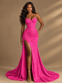 Beaded Sequin Prom Dress Strapless Formal Gowns with High Slit Train