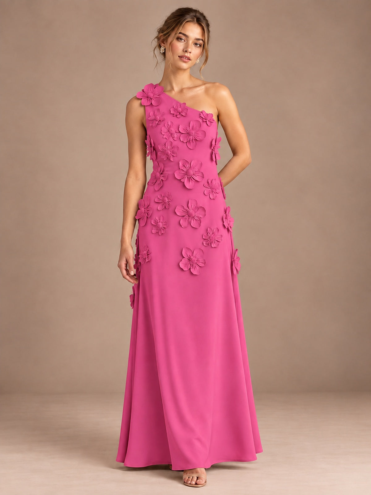 Hot Pink- One Shoulder Satin Formal Maxi Dress with 3D Floral