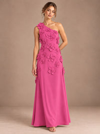 Hot Pink- One Shoulder Satin Formal Maxi Dress with 3D Floral