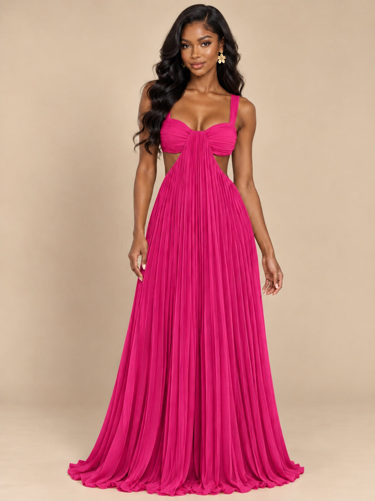 Butter Yellow Pleated Cutout Maxi Dress
