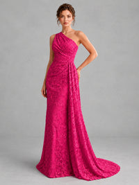 One-Shoulder Ruched Floral Lace Floor-Length Prom Dress