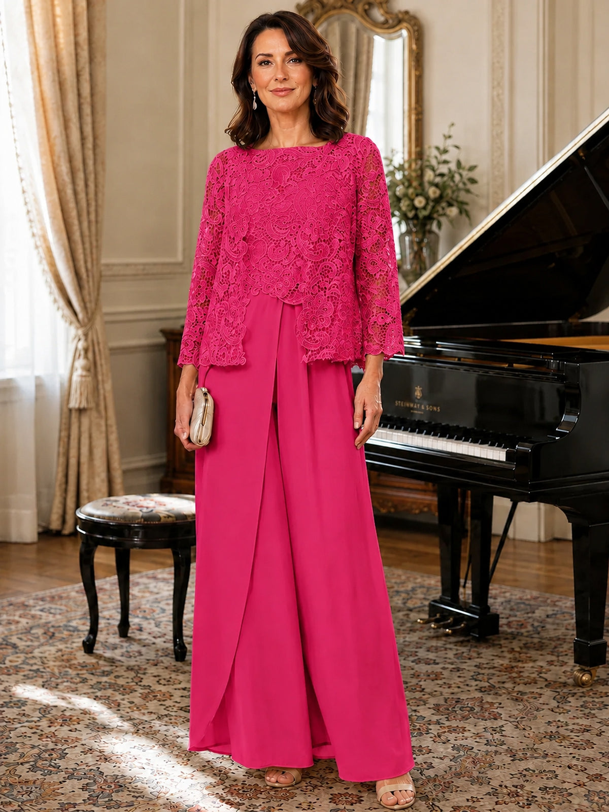 Elegant 3-Piece Chiffon Mother of the Bride Pantsuit with Floral Applique Jacket