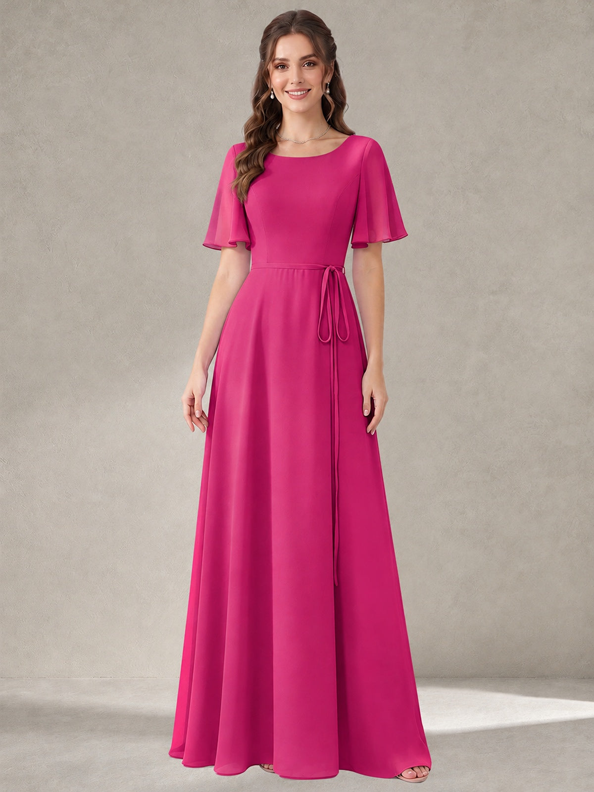Hot Pink Scoop Neck A-line Chiffon Bridesmaid Dress with Belt Flutter Sleeve Formal Wedding Guest Dress Evening Gown