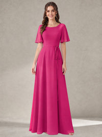 Hot Pink Scoop Neck A-line Chiffon Bridesmaid Dress with Belt Flutter Sleeve Formal Wedding Guest Dress Evening Gown