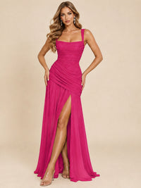 Wrap Pleated Prom Dress Scoop Neck with Slit Women Wedding Formal Dress
