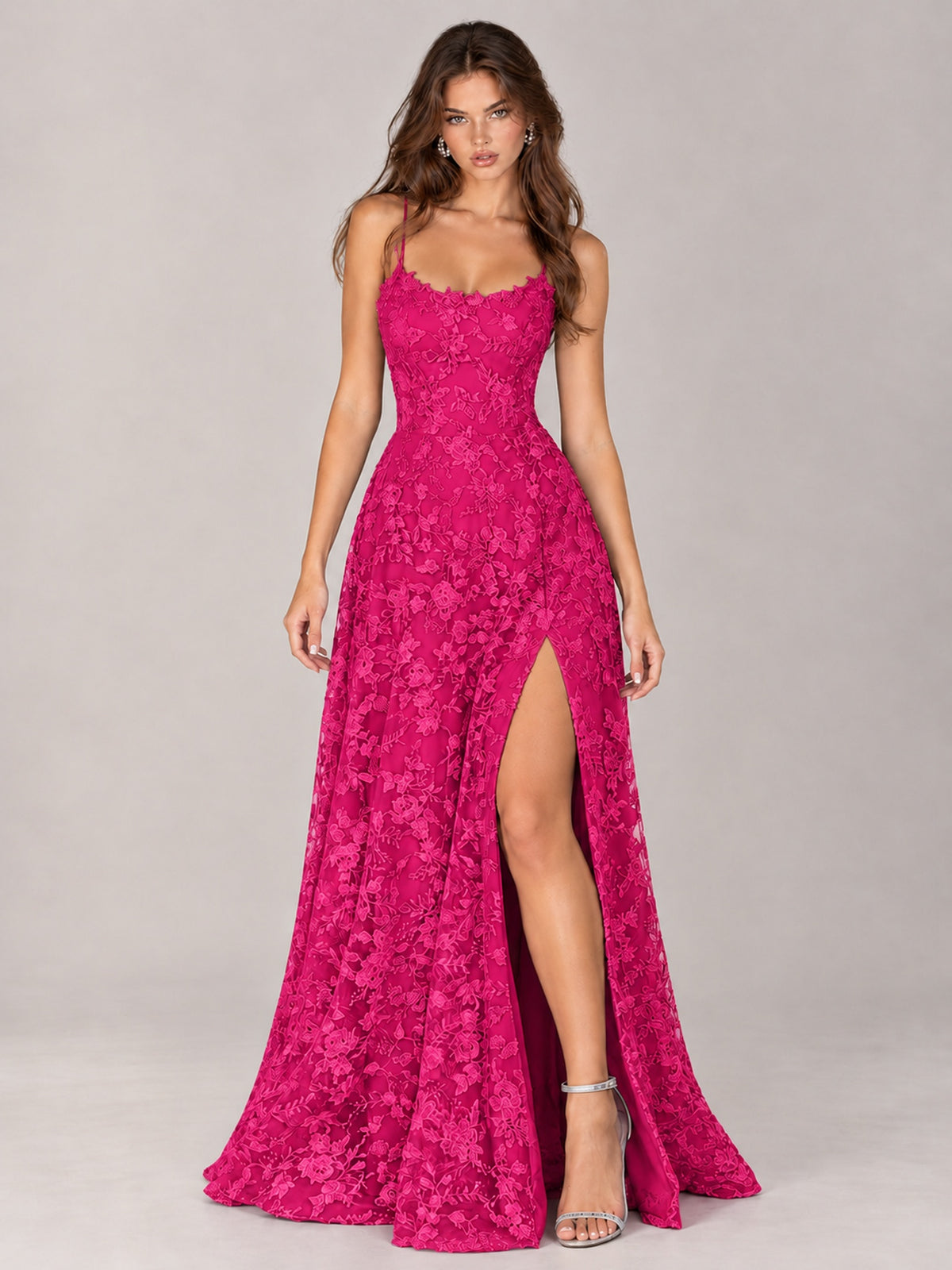 Floral Lace A-Line Prom Dress with Spaghetti Straps & High Slit