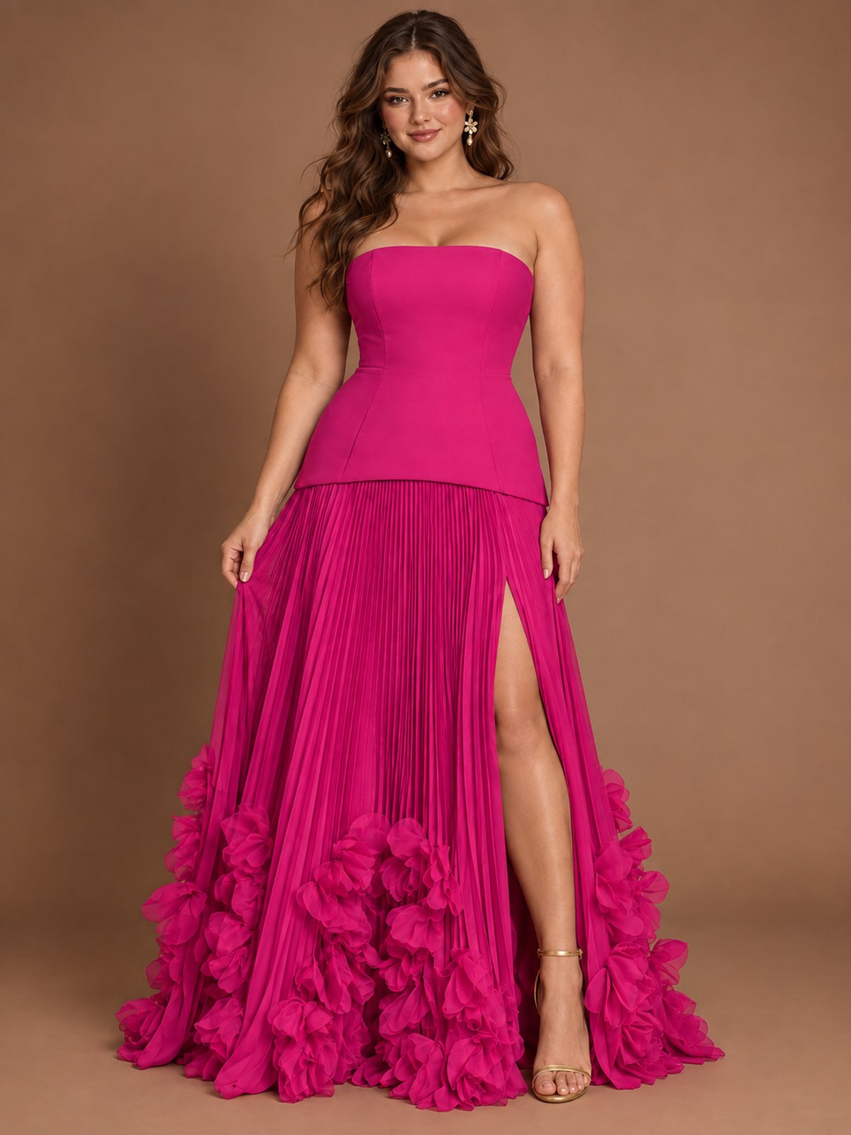 Strapless Pleated Floral Satin Formal Dress with Side Slit