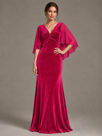 Navy Blue Velvet V Neck Mermaid Formal Dress with Flutter Cape Sleeves