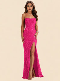Sequin Lace Appliques Mermaid Prom Dress Spaghetti Strap Formal Gowns with Slit