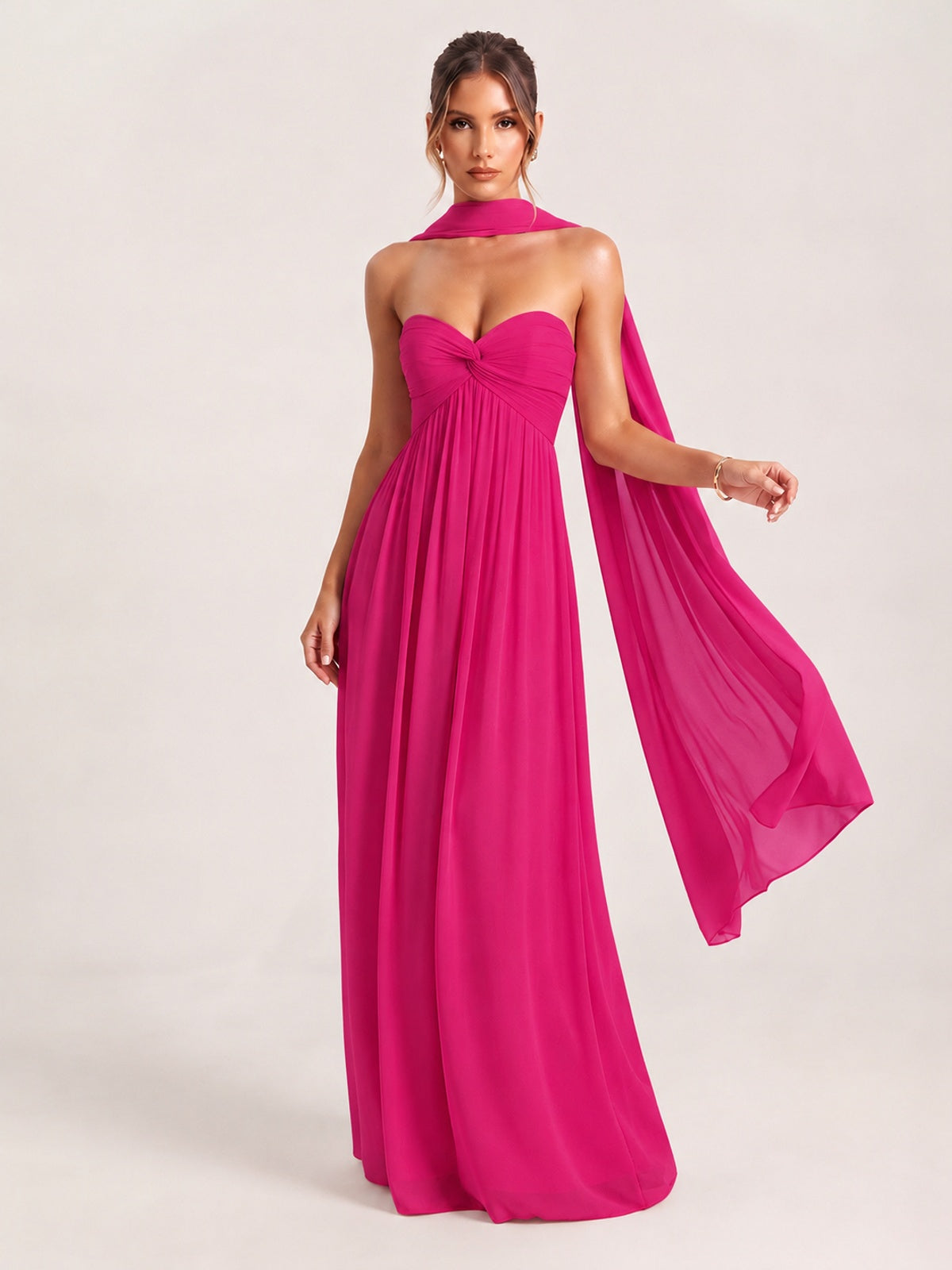 Hot Pink Strapless Ruched Chiffon Long Prom Dress with Scarf A-line Sweetheart Ruffled Formal Wedding Guest Dress Evening Gown