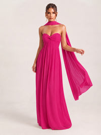 Hot Pink Strapless Ruched Chiffon Long Prom Dress with Scarf A-line Sweetheart Ruffled Formal Wedding Guest Dress Evening Gown
