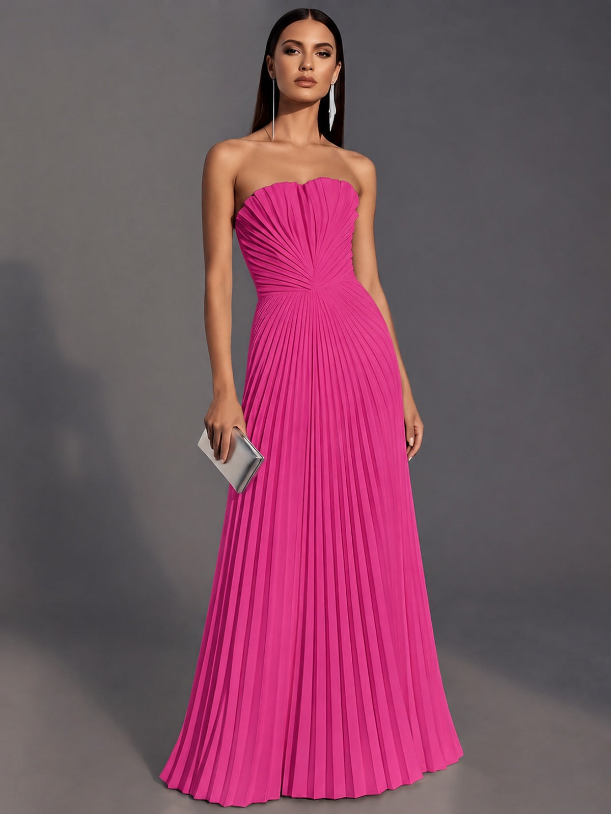 Hot Pink Strapless Pleated Satin Prom Dress Long Formal Gown Evening Dress