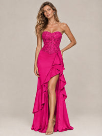 Strapless Lace Appliques Corset Satin Prom Dress Ruffle Slit Evening Gown