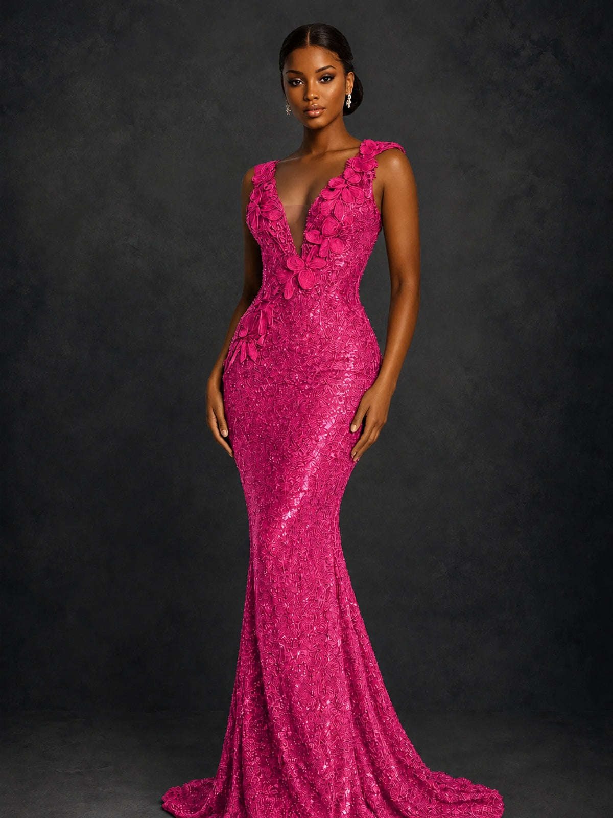 Gold Sequin Floral Applique Mermaid Prom Dress