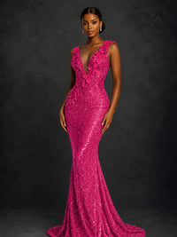 Gold Sequin Floral Applique Mermaid Prom Dress