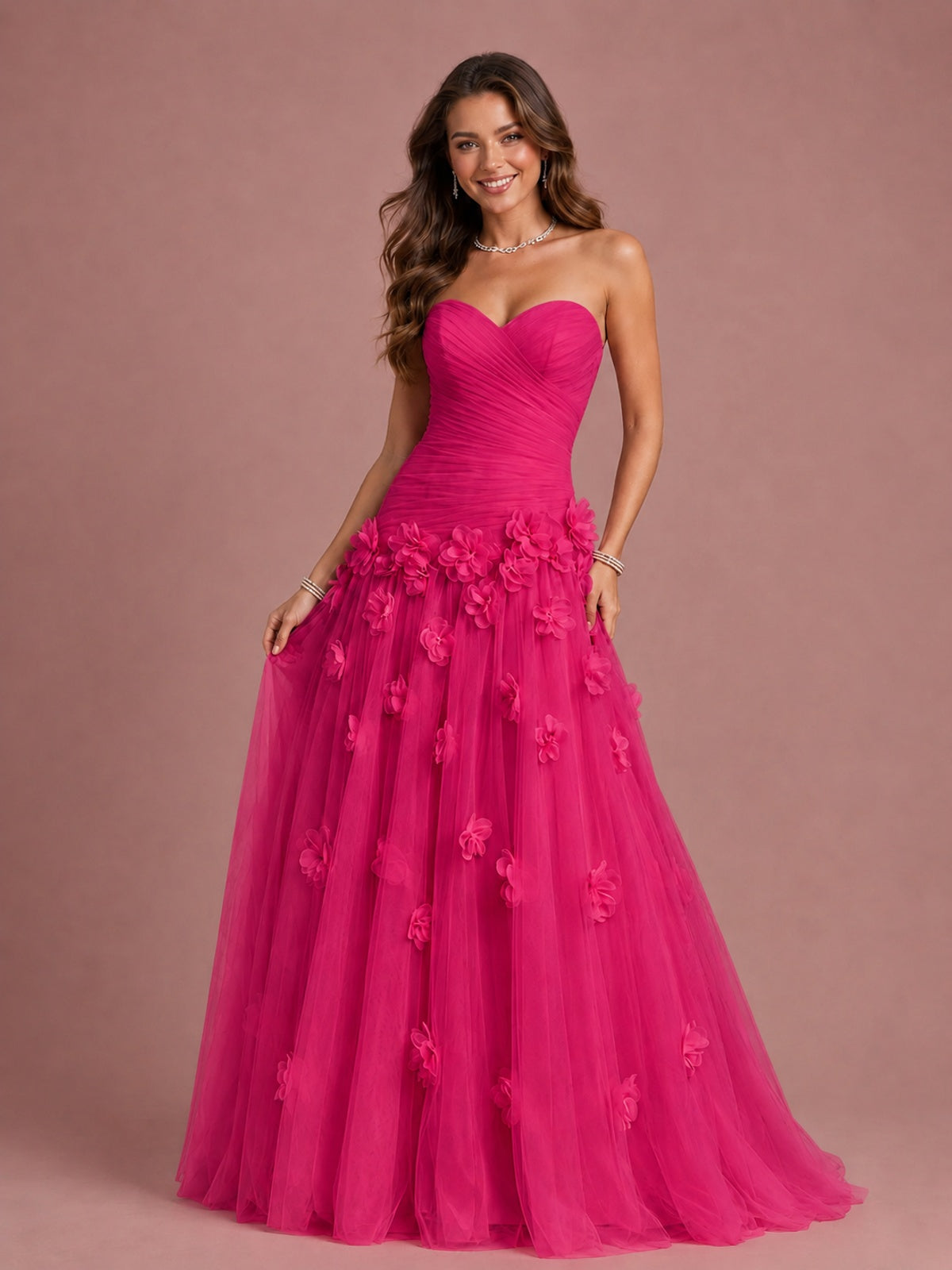 Blush Pink Strapless Sweetheart 3D Floral Tulle Ball Gown Prom Dres